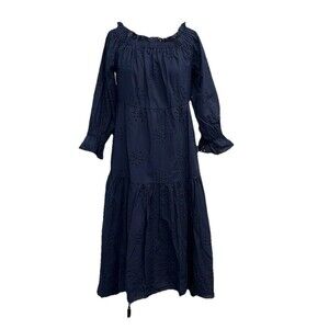 Chicos Off-Shoulder Tiered Midi Dress Size 00 Us 2 Navy Eyelet Cottagecore